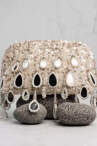 Silver embroidered silk clutch