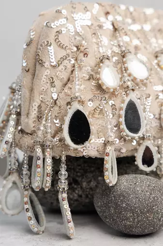 Silver embroidered silk clutch