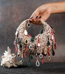 Off white embroidered silk clutch