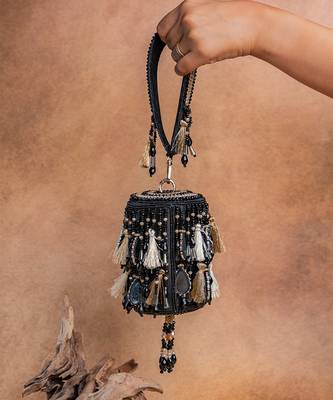 Black embroidered velvet bucket potli bag 1