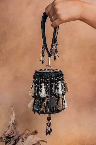 Black embroidered velvet bucket potli bag