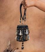 Black embroidered velvet bucket potli bag