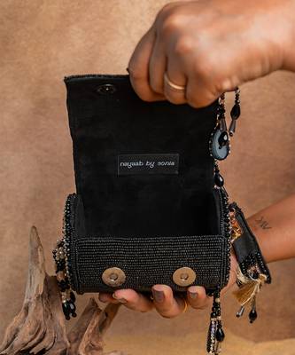 Black embroidered velvet bucket potli bag 2