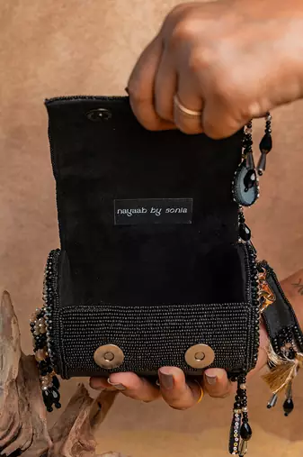 Black embroidered velvet bucket potli bag
