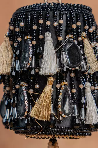 Black embroidered velvet bucket potli bag