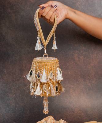 Gold embroidered velvet bucket potli bag 1