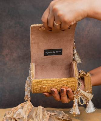 Gold embroidered velvet bucket potli bag 4