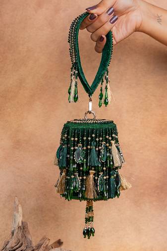 Emerald green embroidered velvet buket potli bag