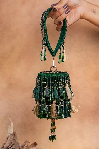 Emerald green embroidered velvet buket potli bag