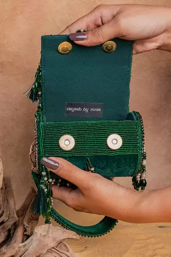 Emerald green embroidered velvet buket potli bag