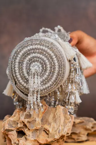 Silver embroidered velvet bucket potli bag