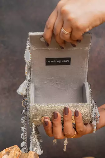 Silver embroidered velvet bucket potli bag