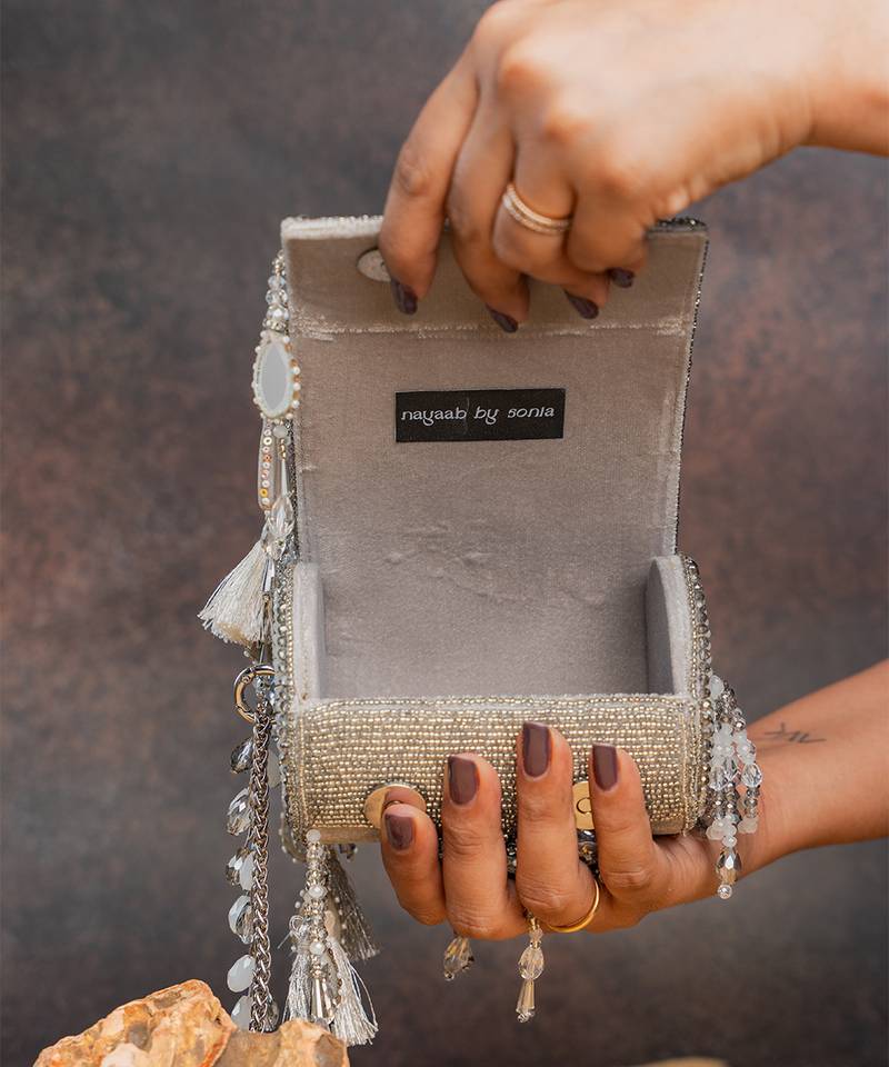Silver embroidered velvet bucket potli bag