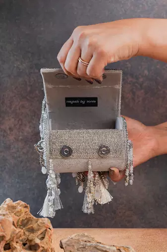 Silver embroidered velvet bucket potli bag