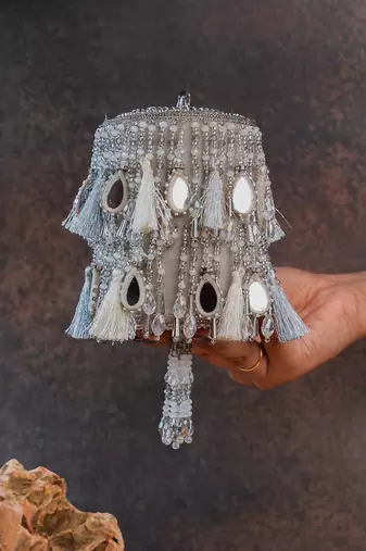 Silver embroidered velvet bucket potli bag