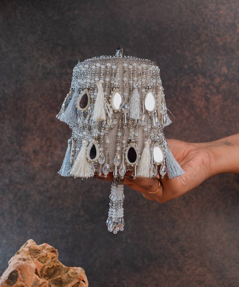 Silver embroidered velvet bucket potli bag