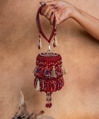 Red embroidered velvet bucket potli bag 1