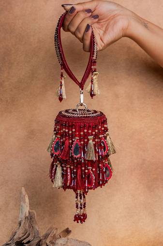 Red embroidered velvet bucket potli bag