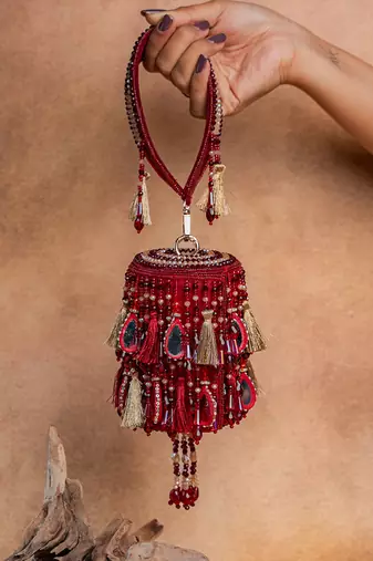 Red embroidered velvet bucket potli bag