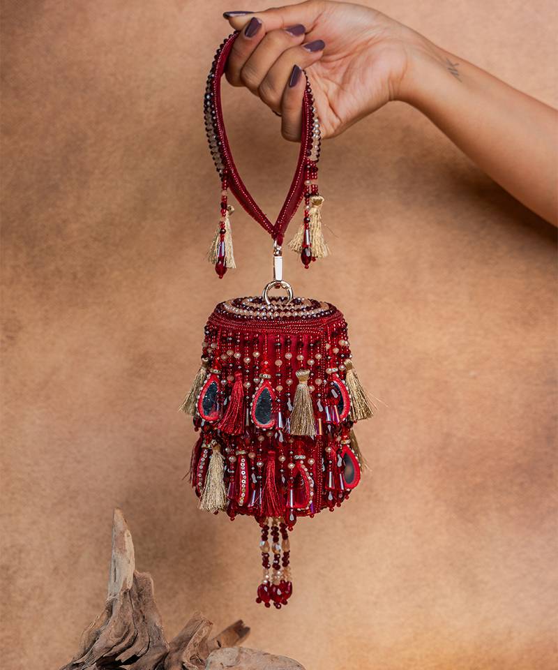 Red embroidered velvet bucket potli bag
