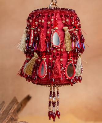 Red embroidered velvet bucket potli bag 2
