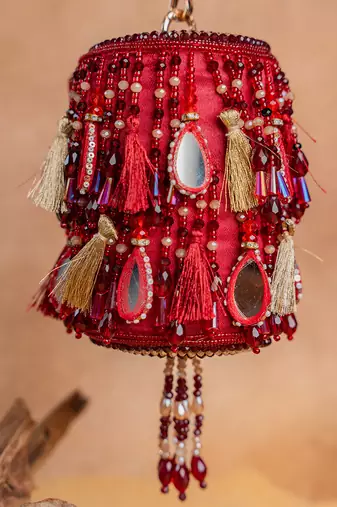 Red embroidered velvet bucket potli bag