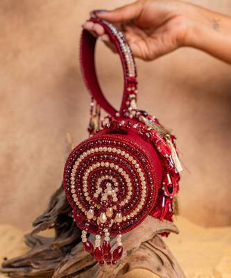 Red embroidered velvet bucket potli bag 3