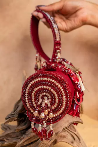 Red embroidered velvet bucket potli bag