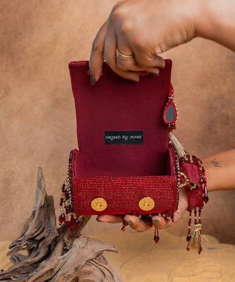 Red embroidered velvet bucket potli bag 4