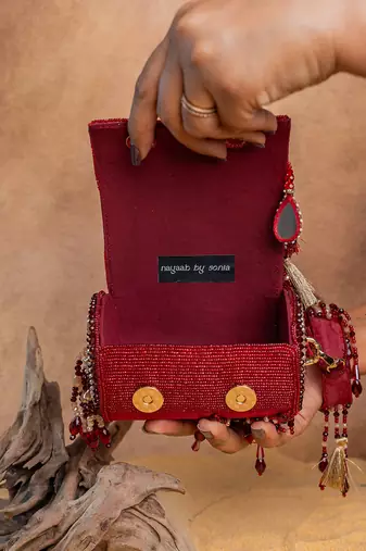 Red embroidered velvet bucket potli bag