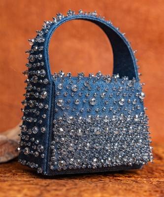 Denim blue beaded embroidered hand bag 1