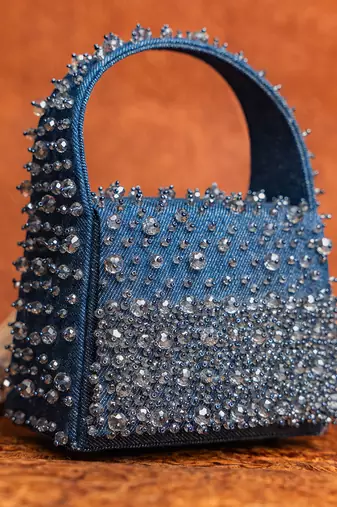 Denim blue beaded embroidered hand bag
