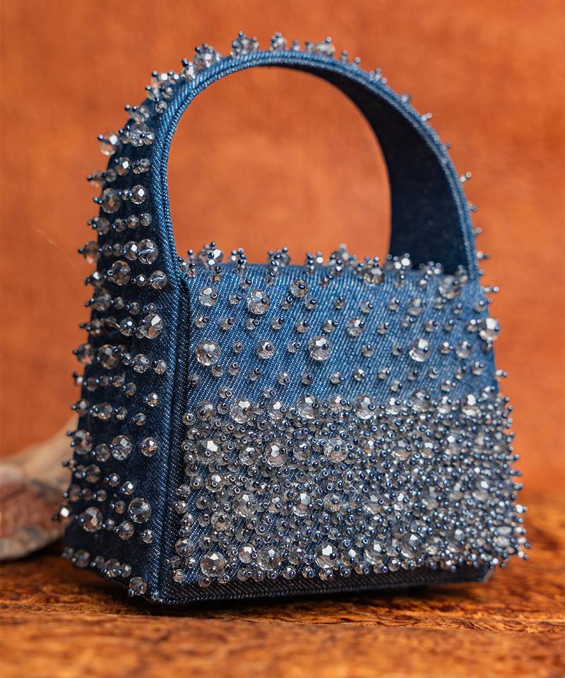 Denim blue beaded embroidered hand bag