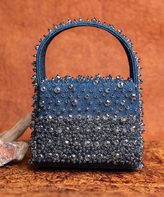 Denim blue beaded embroidered hand bag 2