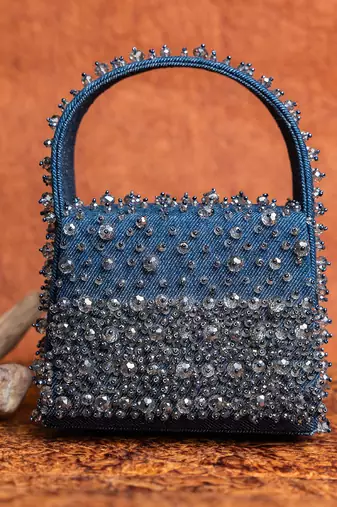 Denim blue beaded embroidered hand bag