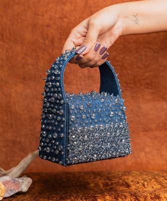 Denim blue beaded embroidered hand bag 3