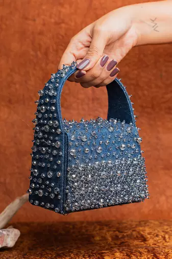 Denim blue beaded embroidered hand bag