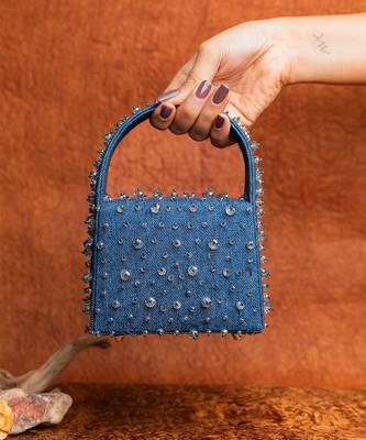 Denim blue beaded embroidered hand bag 4