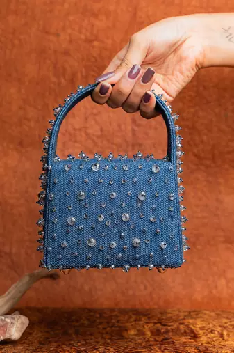 Denim blue beaded embroidered hand bag