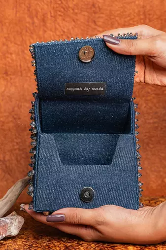 Denim blue beaded embroidered hand bag