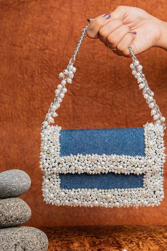 Denim blue beaded embroidered clutch