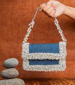 Denim blue beaded embroidered clutch