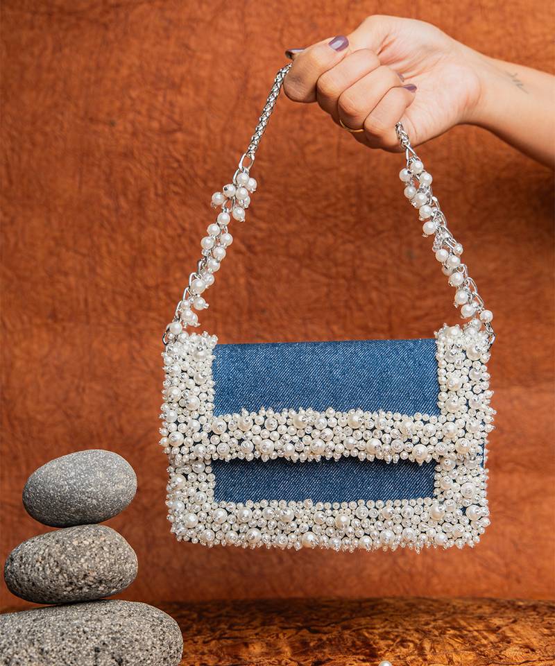 Denim blue beaded embroidered clutch