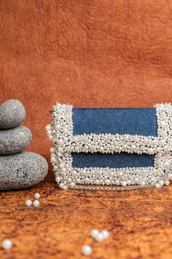 Denim blue beaded embroidered clutch