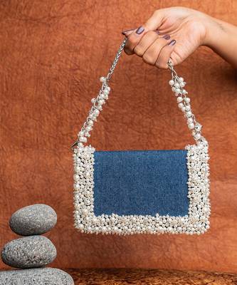 Denim blue beaded embroidered clutch 3