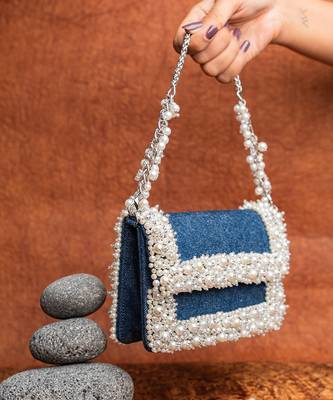 Denim blue beaded embroidered clutch 4