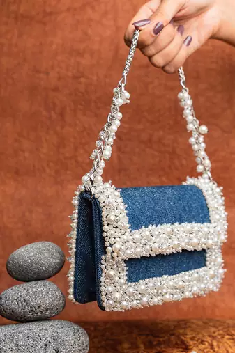 Denim blue beaded embroidered clutch