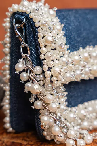 Denim blue beaded embroidered clutch