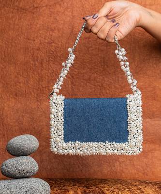Denim blue beaded embroidered clutch 1