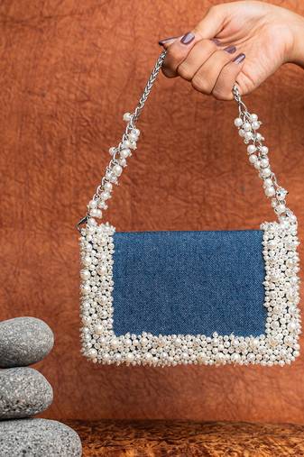 Denim blue beaded embroidered clutch
